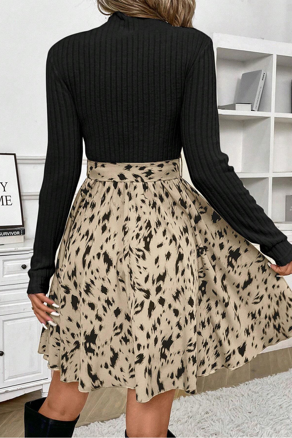 Black Ribbed Knit Patchwork Printed Belted A - line Dress