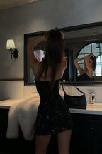 Rhinestone Halter Backless Bodycon Slim Waist Mini Dress