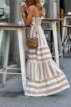 Spaghetti Strap V-Neck Striped Waist-Cinched Tiered Maxi Dress