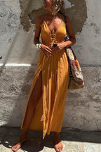 Linen Blend Elastic Waist Halter Backless Pocket Slit Midi Dress