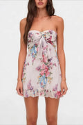 Strapless Sheer Floral Print A Line Floral Dress