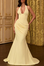 Nehemia Halter V-neck Back Lace-up Asymmetric Pleated Panel Drapes Maxi Dress