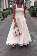 Halter Square Neck Side Button Fringe Flare Maxi Dress