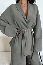 Solid Color Collared Long-sleeved Tie-waist Loose Top and Elastic Waist Casual Wide-leg Pants Set