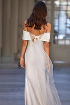 Simple Off Shoulder Mesh Sash Wedding Dress