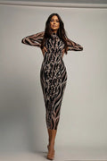 Floral Print Ruched Mesh Long Sleeve Bodycon Maxi Dress