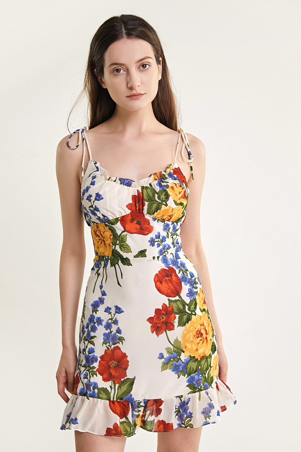 Ivory Floral Print Tie Strap Ruffled Hem Mini Dress