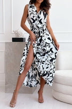 PLANT SILHOUETTE PRINTED BELT SHIRT MIDI DRESS