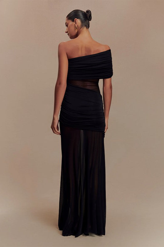Ruched Mesh Panel Strapless Sheer Maxi Dress
