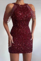 Crystal Fringe Halter Sequin Bodycon Cocktail Dress