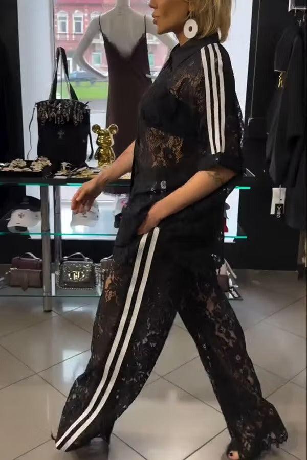Mix Fashion Lace Striped Trim Short Sleeve Button Shirt and Elastic Waist Pocket Loose Pants Set
