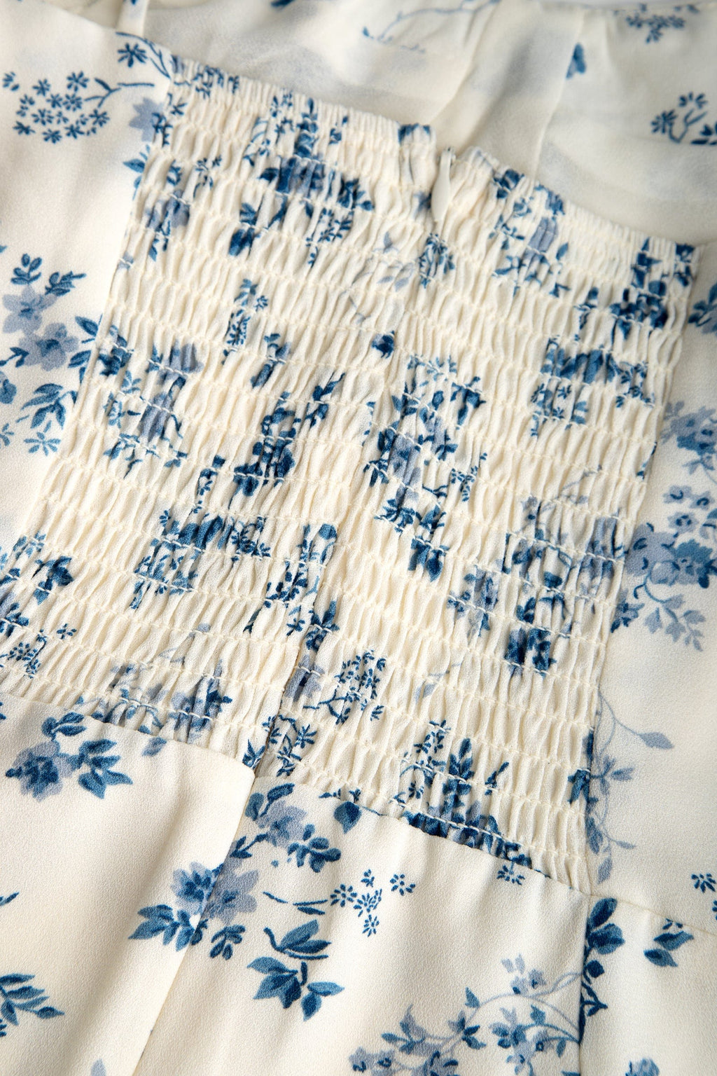 Ivory Floral Print Tie Strap Smocked Detail Mini Dress