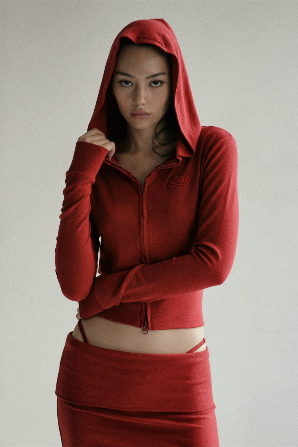 Zipper Cropped Embroidered Hoodie