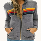 Fleece Lined Colorful Striped Zip Loose Unisex Hoodie