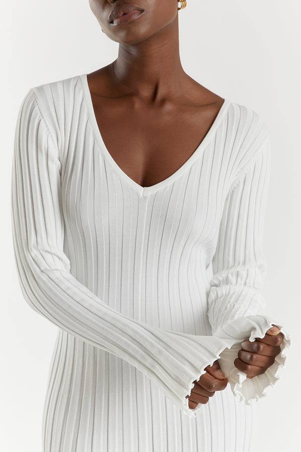 Verónica Minimalist Midi Dress with V Neck and Knitted Sleeves Elevated Occasion Wear