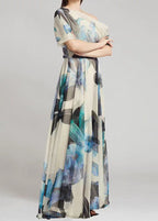 Ladies' French Sky Blue Asymmetric Printed Chiffon Long Skirt Summer