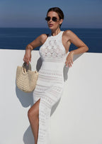 Serena Crochet Knit Maxi Dress – Sleeveless Side Slit Cover-Up