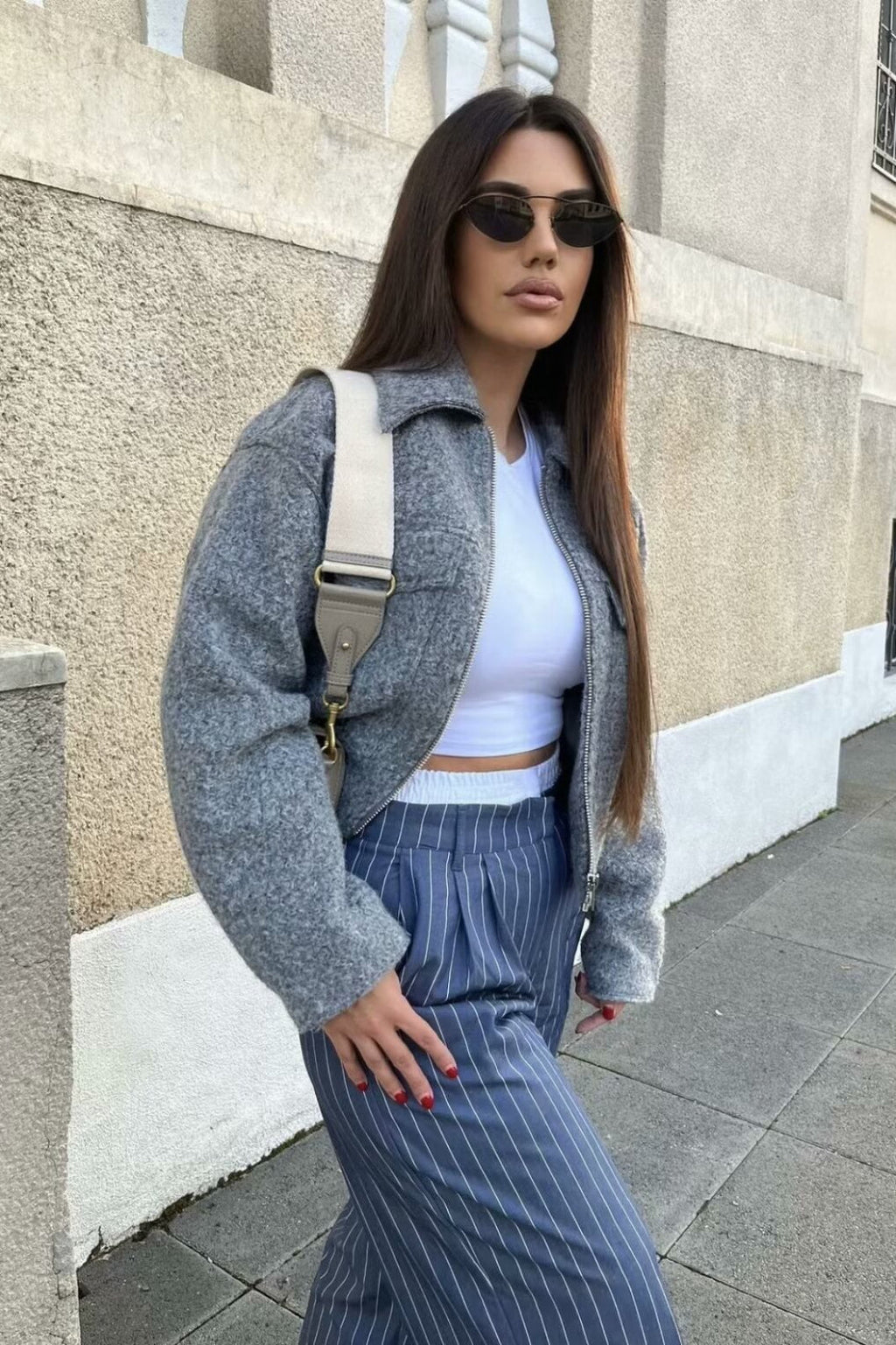 Cropped Boucle Zip Front Jacket
