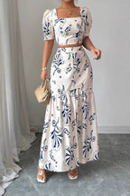 Square Neck Puff Sleeve Printed Crop Top & Ruffle Hem Slit Maxi Skirt Two-Piece Set