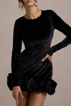 Velvet Crew Neck Ruched Midi Dress