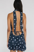 Polka Dot Mesh Deep V Mini Dress