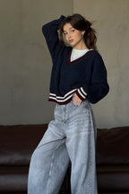 Striped Contrast V Neck Loose Long Sleeve Sweater