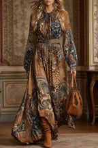 Bohemian Style Unique Printed Long-sleeved Fitted Waist Vacation Maxi Dress