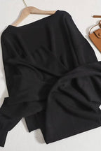 Off-shoulder knit wide-leg pants suit