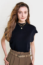 Black Rib-Knit Mock Neck Cap Sleeve Top