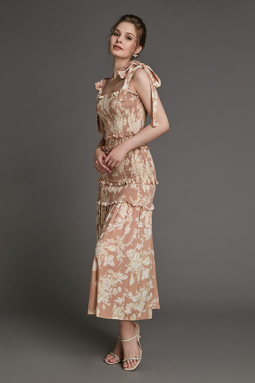 Bisque Floral Print Tie Strap Smocked Ruffled Maxi Dress
