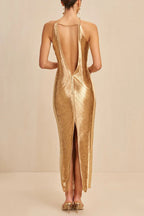 Sexy Allnight Metallic Halterneck Backless Fringed Slit Maxi Dress