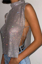 Sexy High-neck Rhinestone Metallic Top