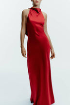 LONG SATIN HALTER DRESS