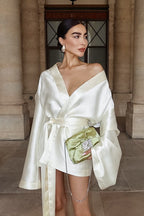 Sexy Loose Tie-Waist Long-Sleeve Satin Mini Silk Dress