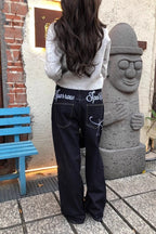 Letter Embroidery Straight Leg Jeans