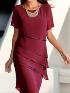 Amadis Minimalist Cotton Layered Trim Round Neck Short Sleeve Evening Dress for Women Premium Wardrobe Essential