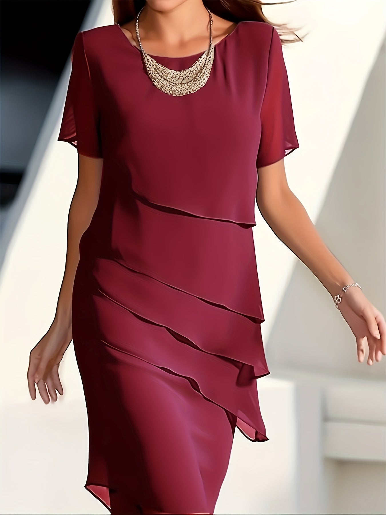 Cecilia Boutique Cotton Layered Trim Round Neck Short Sleeve Evening Dress for Women Chic Silhouette Collection
