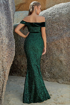 Sequin Off Shoulder Slit Formal Dress
