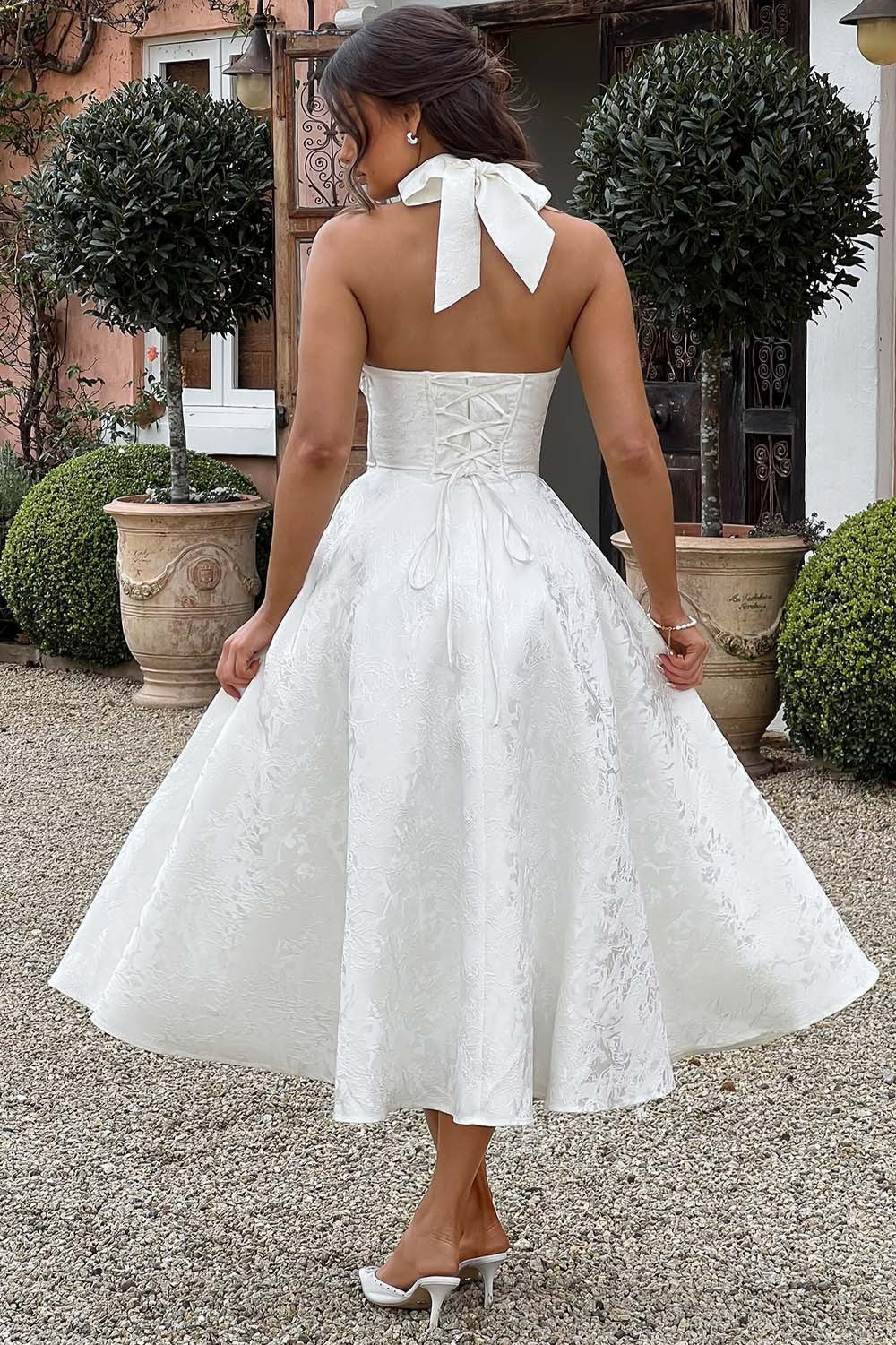 Jacquard Halter V-Neck Party Dress