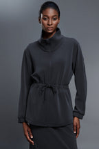 Air Layer Stand Collar Drawstring Waist Mid Length Jacket