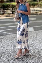 Vintage Blue and Gold Floral Satin Midi Skirt