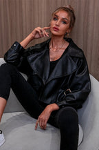 Black Short Faux Leather Collared Loose Jacket