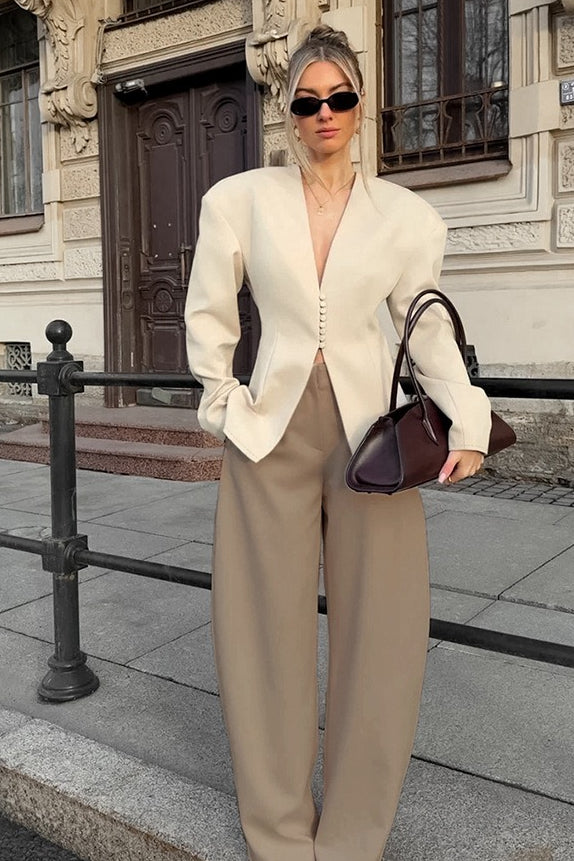 Chic Beige Structured VNeck Coat