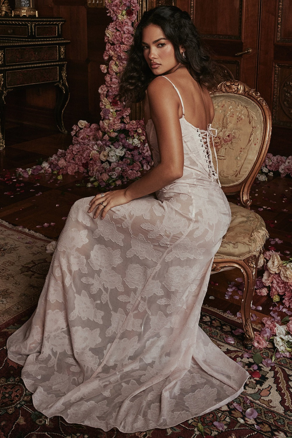 Dainty Lace Spaghetti Strap Tie Waist  Prom Dress