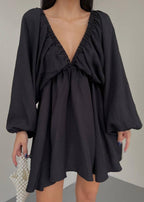 Deep V-Neck Lantern Sleeve Mini Dress – Flowy Loose Fit