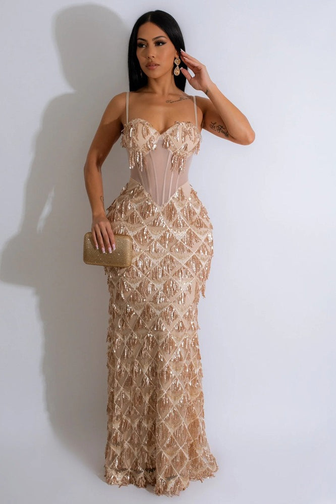 Elegant Spaghetti Strap ALine Bodycon Maxi Sequin Dress