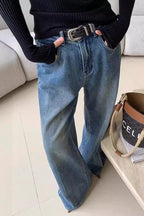 Blue Washed Casual High Waist Relaxed Long Jeans