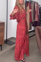Unique Printed V-neck High-waisted Loose-fitting Holiday Maxi Dress