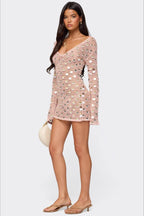 Hollow Out Mesh Crochet Sequin Knit Chic Sweater Dress