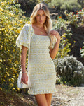 Abbi Cotton Floral Smocked Puff Sleeve Dress Yellow Multi